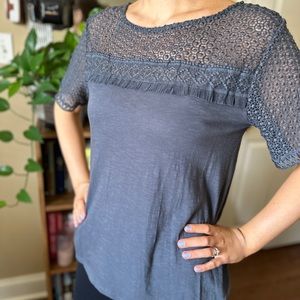 Ann Taylor LOFT slate gray fringe lace cotton t made in India.